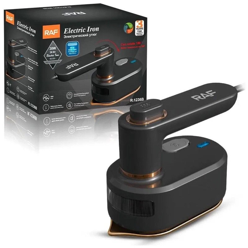 raf+mini+electric+iron+low+power+compact+spray+buy+online+Beirut+Lebanon+مكواية+صغيرة+لا+تصرف+كهرباء RAF 38W mini electric iron model R.1236B in black and gold with rotating handle and packaging.