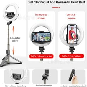 Ring light with selfie and tripod portable rechargeable 3 in 1