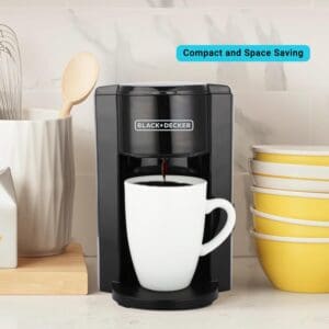 “BLACK+DECKER 1 Cup Coffee Maker 350W – compact single serve coffee machine with ceramic mug, built-in permanent filter, quick brewing, energy-efficient – ideal for home or office use in Lebanon, available online in Beirut.”