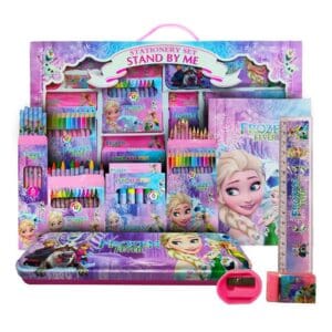 "Disney Frozen stationery gift set with Elsa and Anna – includes 12 colored pencils, crayons, pens, notebook, and accessories – ideal for children’s school supplies and art projects."