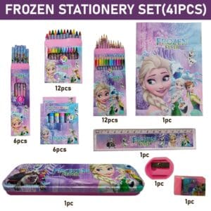 "Disney Frozen stationery gift set with Elsa and Anna – includes 12 colored pencils, crayons, pens, notebook, and accessories – ideal for children’s school supplies and art projects."