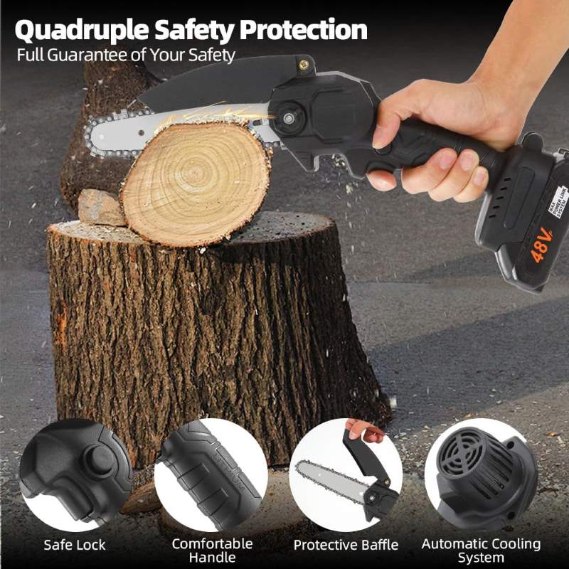 Rechargeable 48V Lithium-Ion Chainsaw Kit with Battery and Charger buy online Beirut lebanon منشار كهربائي صغير للحطب والخشب Portable 20cm Electric Chainsaw for Wood and Branch Cutting | منشار كهربائي محمول بطول 20 سم لقص الخشب والأغصان
