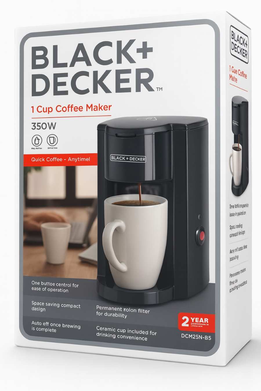 easy coffee machine anywhere one cup built-in filter low electric consuption buy online Beirut Lebanon “BLACK+DECKER 1 Cup Coffee Maker 350W – compact single serve coffee machine with ceramic mug, built-in permanent filter, quick brewing, energy-efficient – ideal for home or office use in Lebanon, available online in Beirut.”