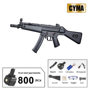 “MP5 CYMA Gel Blaster with 800-round drum magazine and full accessories set including battery, USB charger, goggles, and gel balls | مسدس جل بلاستر CYMA MP5 مع مخزن طبلي يتسع لـ 800 طلقة ومجموعة كاملة من الإكسسوارات تشمل بطارية وشاحن USB ونظارات وكرات جل”