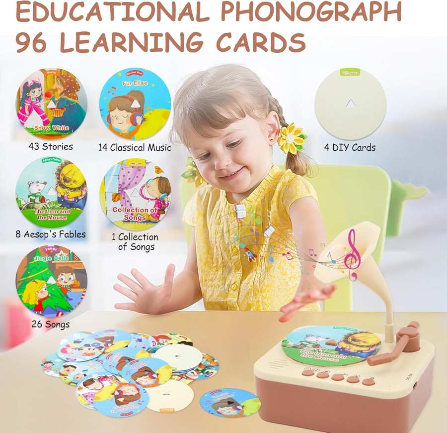 Kids gramophone phonograph toy with 96 cards storytelling and music great for sleeping good mood buy online Beirut Lebanon Kids gramophone toy with 96 story and music cards – لعبة جراموفون للأطفال مع 96 بطاقة قصص وأغاني