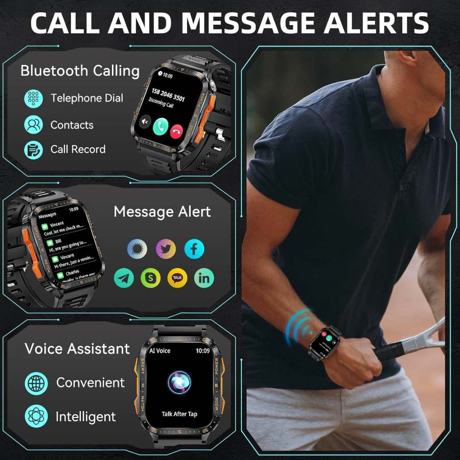 high tech smartwatch with led flash light and bt connection answer call messaging big battery health monitoring water resistant buy online Beirut Lebanon "KT79 Smart Watch Bluetooth incoming call feature – ساعة KT79 الذكية مع ميزة استقبال المكالمات عبر البلوتوث"