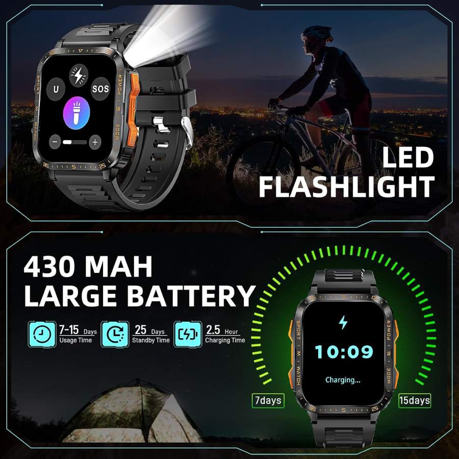 high tech smartwatch with led flash light and bt connection answer call messaging big battery health monitoring water resistant buy online Beirut Lebanon "kt79 smart watch with led light and health fitness lebanon"