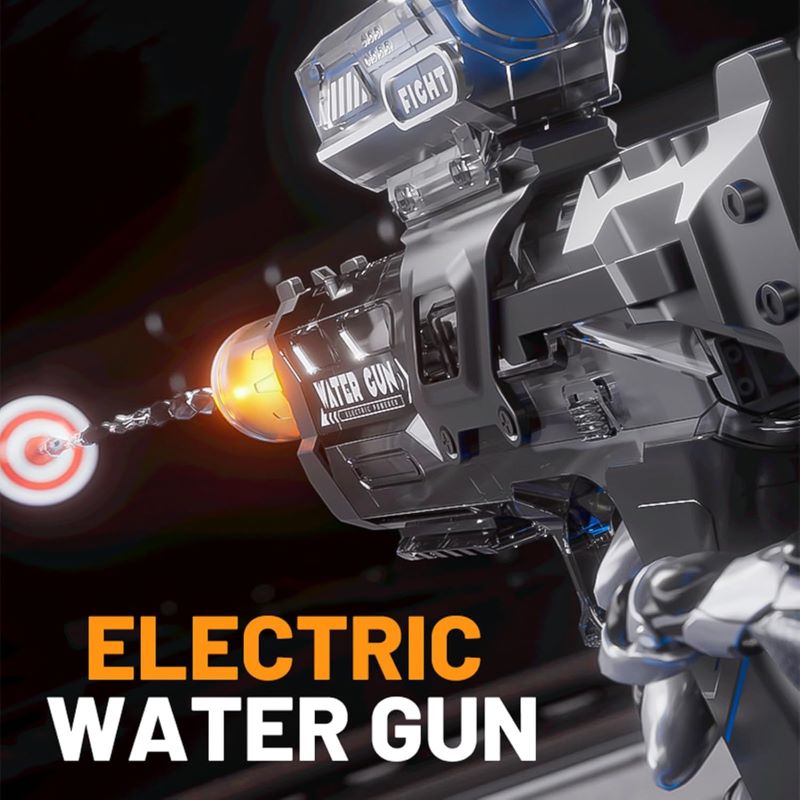 Electric Water Gun pistol with Fire Light effect rechargeable with big battery Lebanon "Rechargeable electric water pistol featuring a tactical scope, smoke-grey transparent casing, and a glowing orange muzzle flash effect during firing."