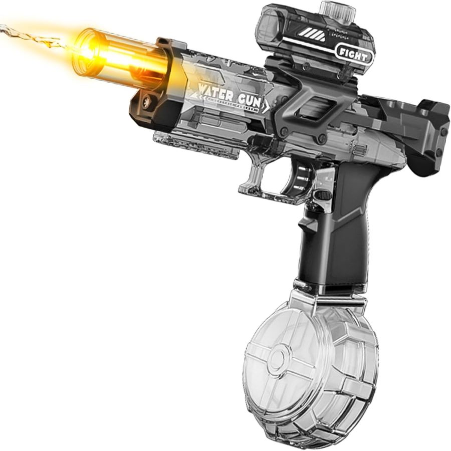 Electric Water Gun pistol with Fire Light effect rechargeable with big battery very powerful buy online Beirut Lebanon "Rechargeable electric water pistol featuring a tactical scope, smoke-grey transparent casing, and a glowing orange muzzle flash effect during firing."