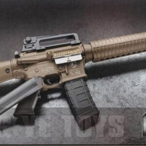 Retail packaging for a desert tan M16 electric gel blaster toy gun (crystal bullet shooter, 7-8mm). The box shows the rifle model with markings, a magazine, and a suppressor. It features age 14+ warning, details on its 7.4V lithium battery, and options for manual and electric modes, with a large 'M16' metallic title.