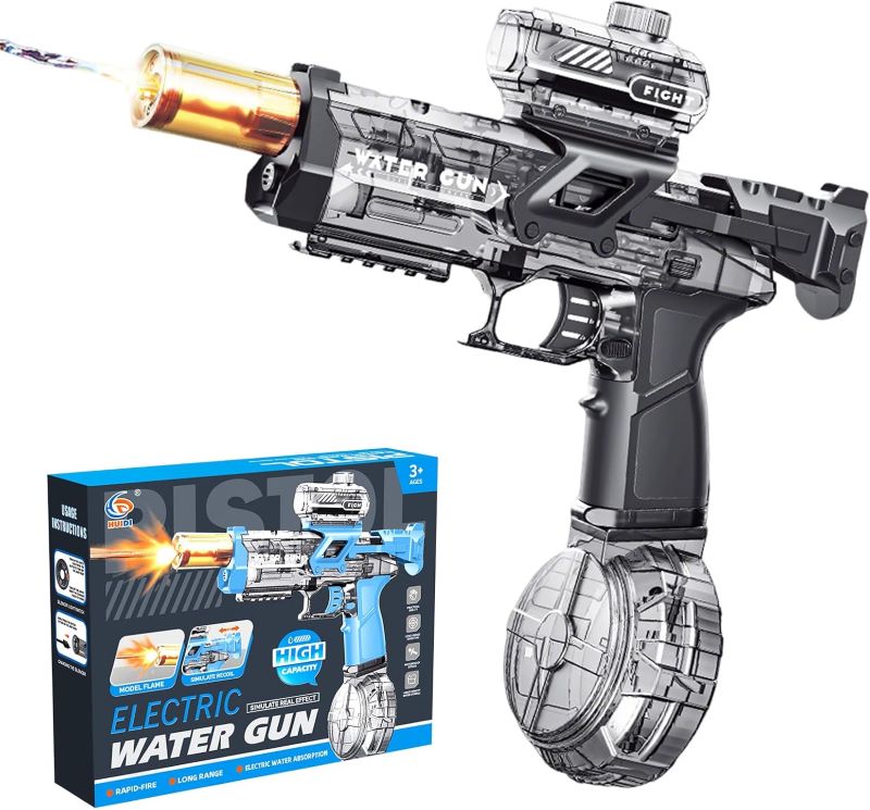 powerful electric water gun with fire effect "Rechargeable electric water pistol featuring a tactical scope, smoke-grey transparent casing, and a glowing orange muzzle flash effect during firing."