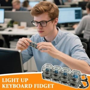 Teenager on a desk holding Mini mechanical keyboard fidget sensory toy keychain with transparent blue click switches for stress relief and focus – portable keyboard clicker toy in Lebanon