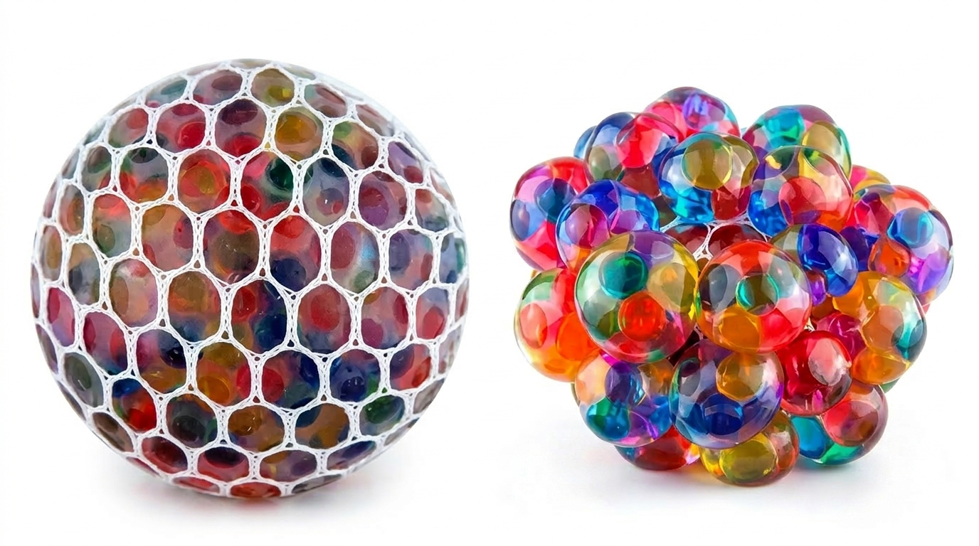 Mesh sqish ball anti stress orbies beads buy online Beirut lebanon A product photo showcasing two types of stress relief toys on a plain white surface. On the left is a perfectly round ball, filled with multi-colored (red, blue, green, yellow, orange) water gel beads that are contained within a tight white hexagonal mesh net. On the right is a loose, grape-like cluster of similar larger, colorful water gel beads, showing the textures and translucence of the individual spheres.
