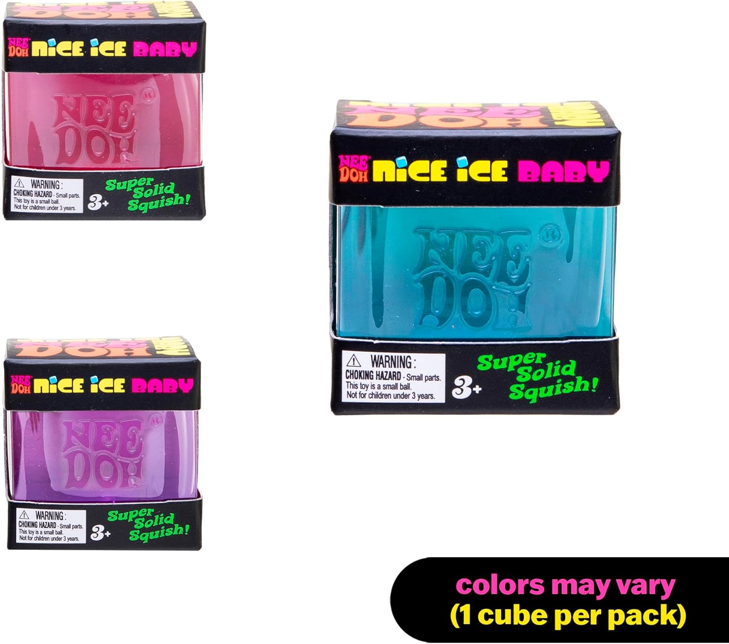 NeeDoh Nice Ice cube – Sensory Squeeze Toy – Super Solid Squish – Color buy online Beirut Lebanon Three examples of the Nee Doh Nice Ice Baby square fidget squish toys are arranged vertically on the left. Top pink, middle purple, bottom green. Each in its own individual, distinct packaging box. The middle toy is much larger than the other two and displays blue jelly inside. On the top lid is a yellow outline of the product, with "Nee Doh" written inside the outline, and the words, "Nee Doh, Nice Ice Baby" printed below that. The front has a window that reveals the jelly, with the logo printed on its surface. The bottom border of the box has safety information and the description, "Super Solid Squish". On the far bottom-right side, the words "colors may vary (1 cube per pack)" are in light red.