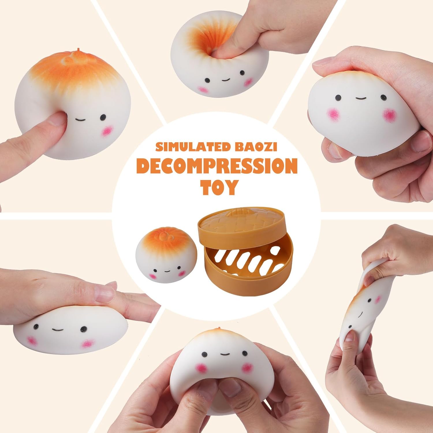 Squishy Dumpling Stress Balls for kids,Adults, Toys Fidget Sensory , Squeeze Dough Stress Relief, Stretchy buy online Beirut Lebanon A collage of six action shots showing hands manipulating a cute, dumpling-shaped stress toy. Clockwise from top-left: fingers are shown pressing on the top "pleats," the dimpled center, holding the soft sides, stretching it wide, pushing up from the bottom, and pressing down flat on a table. The center features a full-sized toy and its container with the text "SIMULATED BAOZI DECOMPRESSION TOY."