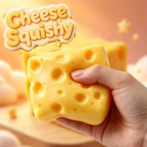 A close-up promotional image of a yellow cheese-shaped squishy toy. A hand gently squeezes a thick, rectangular block of toy cheese, which mimics Swiss cheese with its realistic indented craters and holes. In the upper-left corner, a 3D bubble-letter text graphic reads "Cheese Squishy" in yellow and cream. The background is softly blurred with warm, dreamy lighting, showing hints of more toy cheese blocks and star shapes.