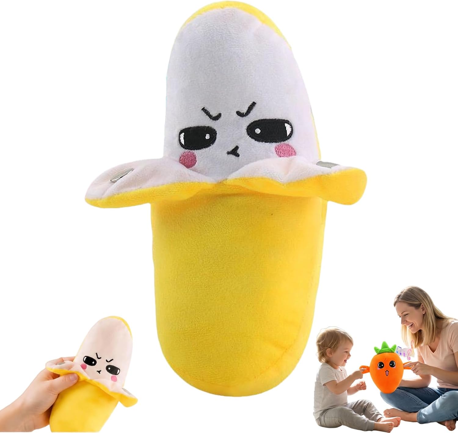 Fruit body sensing music piano plush Banana strawbery carrot fun toy for kids buy online Beirut Lebanon hand eye coordination A promotional image featuring a large, plush banana piano music sensory toy with an expressive, grumpy-cute face, alongside a smaller inset photo of an adult and a young child playing together with a similar plush carrot toy, emphasizing the interactive, sensory nature of these toys for child development.