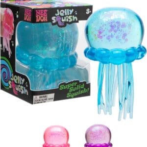 A blue, translucent NeeDoh Jelly Squish sensory toy filled with colorful glitter, standing next to its black, multi-colored display box. Two smaller jelly fish toys in pink and purple are shown at the bottom against a white background