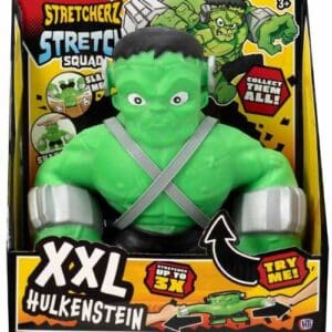 A green, muscular Stretcherz Stretch Squad XXL "Hulkenstein" stretching action figure inside a black and yellow display box. The toy features a Frankenstein-inspired monster with silver bolts, crossed silver straps on its chest, and large silver wrist cuffs. The packaging displays cartoon illustrations showing how to stretch and slam the toy, with a prominent "XXL Hulkenstein" logo and a "Stretches up to 3x!" badge.