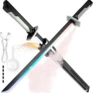 Two futuristic toy katana swords crossed over a white background, demonstrating active play features. One sword is being pulled from its scabbard, shooting out safe sparks and a trail of smoke, while the other blade glows with blue and purple LED lights. Included charging accessories are shown on the left.