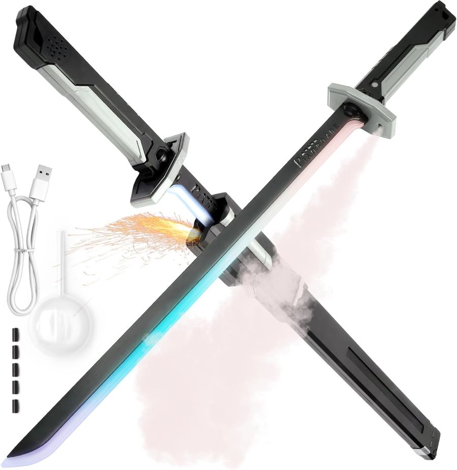 Samurai sword toy LED Lightsaber katana Sword with rgb light spark smoke sound buy online Beirut Lebanon Two futuristic toy katana swords crossed over a white background, demonstrating active play features. One sword is being pulled from its scabbard, shooting out safe sparks and a trail of smoke, while the other blade glows with blue and purple LED lights. Included charging accessories are shown on the left.