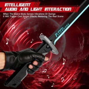 A gloved hand holding a black and silver toy katana sword with a glowing blue LED blade. The background features a red, energetic design with musical notes, highlighting the toy's motion-activated sound effects.