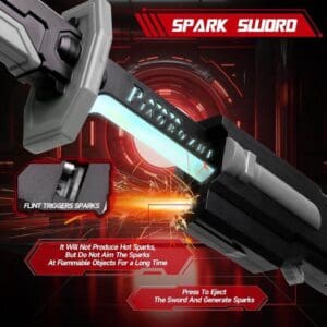 Close-up of a black and silver "Spark Sword" toy showing small sparks emitting from the base of the blade. The toy features a glowing blue LED light effect and text highlighting a flint trigger mechanism that creates safe, friction-based sparks.