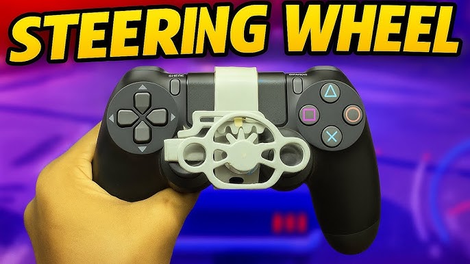 Mini steering wheel addon for ps4 controller play race games with ease buy online Beirut Lebanon close-up view of gamer hands holding a black PlayStation 4 controller with a grey gear-based mini steering wheel attachment installed over the thumbstick for racing games.