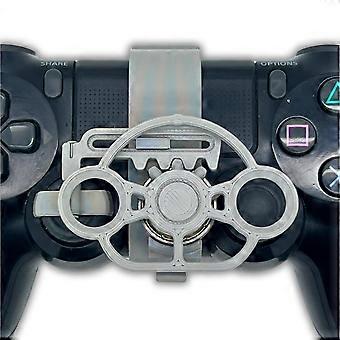 Mini steering wheel addon for ps4 controller play race games with ease buy online Beirut Lebanon lose-up view of gamer hands holding a black PlayStation 4 controller with a yellow gear-based mini steering wheel attachment installed over the thumbstick for racing games.