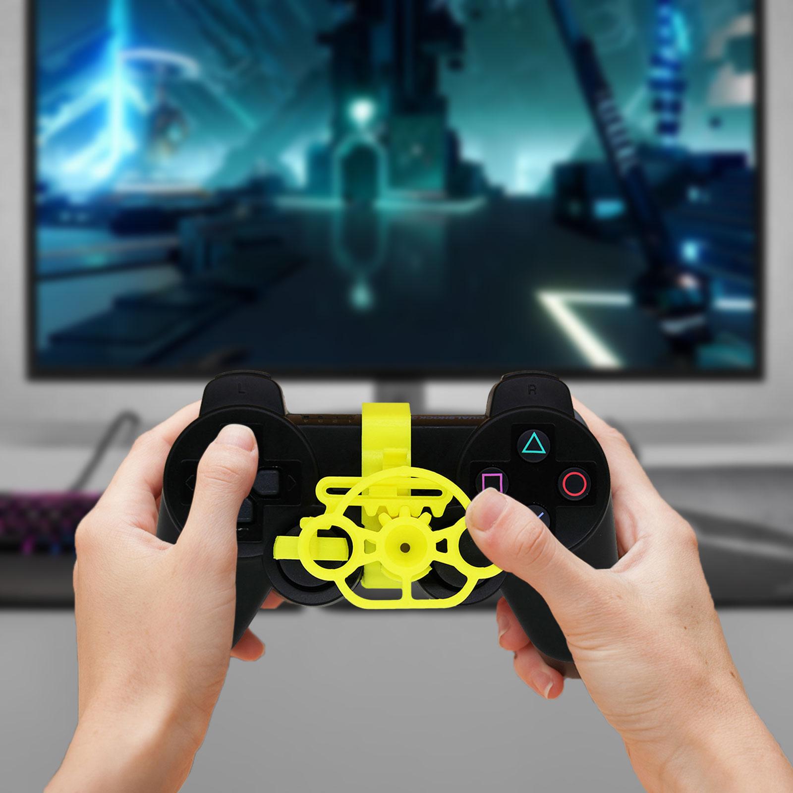 Mini steering wheel addon for ps4 controller play race games with ease buy online Beirut Lebanon lose-up view of gamer hands holding a black PlayStation 4 controller with a yellow gear-based mini steering wheel attachment installed over the thumbstick for racing games.