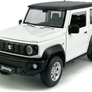 White 1:24 scale Suzuki Jimny diecast metal model car with a contrasting black roof, black front grille, and fender flares against a clean white background.