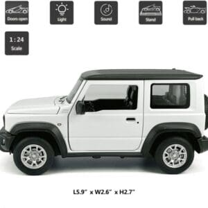 Side profile of a white 1:24 scale Suzuki Jimny diecast model car with a black roof, silver wheels, feature icons, and dimension markings.