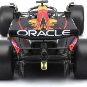 Direct rear view of a 1:24 scale diecast Oracle Red Bull Racing RB19 Formula 1 car showing the rear wing with Oracle logo and wide rear tires on a white background.