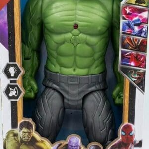 Large Marvel Hulk superhero action figure toy with chest light and sound features inside retail box packaging.