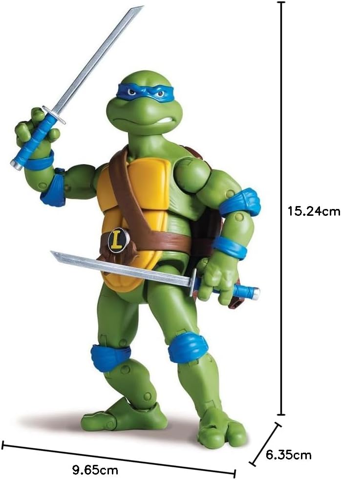 Ninja turtles figures teenage Mutant playmate original characters Leonardo Donatello Raphael Michaelangelo figurine buy online Beirut Lebanon Playmates TMNT Classic Collection Leonardo action figure showing product dimensions of 15.24 cm height, 9.65 cm width, and 6.35 cm depth with twin katana swords, available in Lebanon.