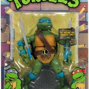 Playmates TMNT Classic Collection Leonardo action figure packaged in original retro blister card featuring 34 points of articulation badge, dual katanas, and sewer stand, available in Lebanon.