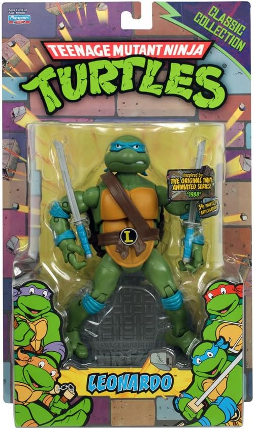 Ninja turtles figures teenage Mutant playmate original characters Leonardo Donatello Raphael Michaelangelo figurine buy online Beirut Lebanon Playmates TMNT Classic Collection Leonardo action figure packaged in original retro blister card featuring 34 points of articulation badge, dual katanas, and sewer stand, available in Lebanon.