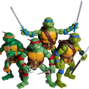Front view of Playmates TMNT Classic Collection figures: Leonardo holding dual katanas, Raphael with twin sai, Michelangelo with nunchucks, and Donatello with bo staff.