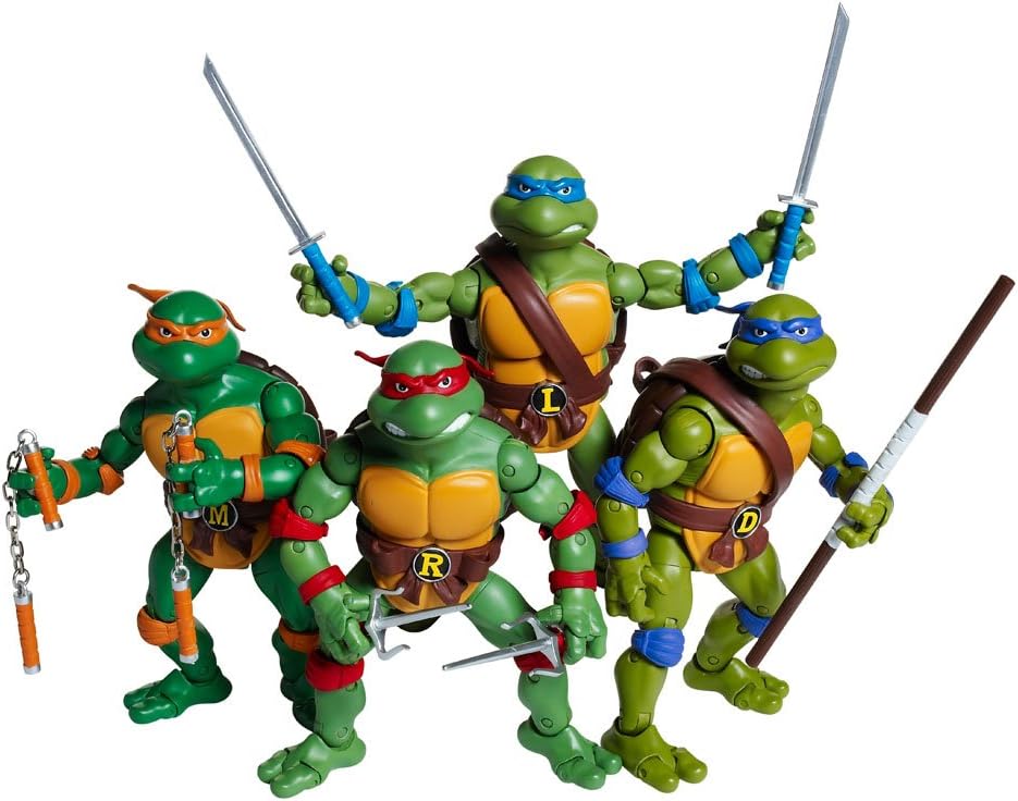 Ninja turtles figures teenage Mutant playmate original characters Leonardo Donatello Raphael Michaelangelo figurine buy online Beirut Lebanon Front view of Playmates TMNT Classic Collection figures: Leonardo holding dual katanas, Raphael with twin sai, Michelangelo with nunchucks, and Donatello with bo staff.