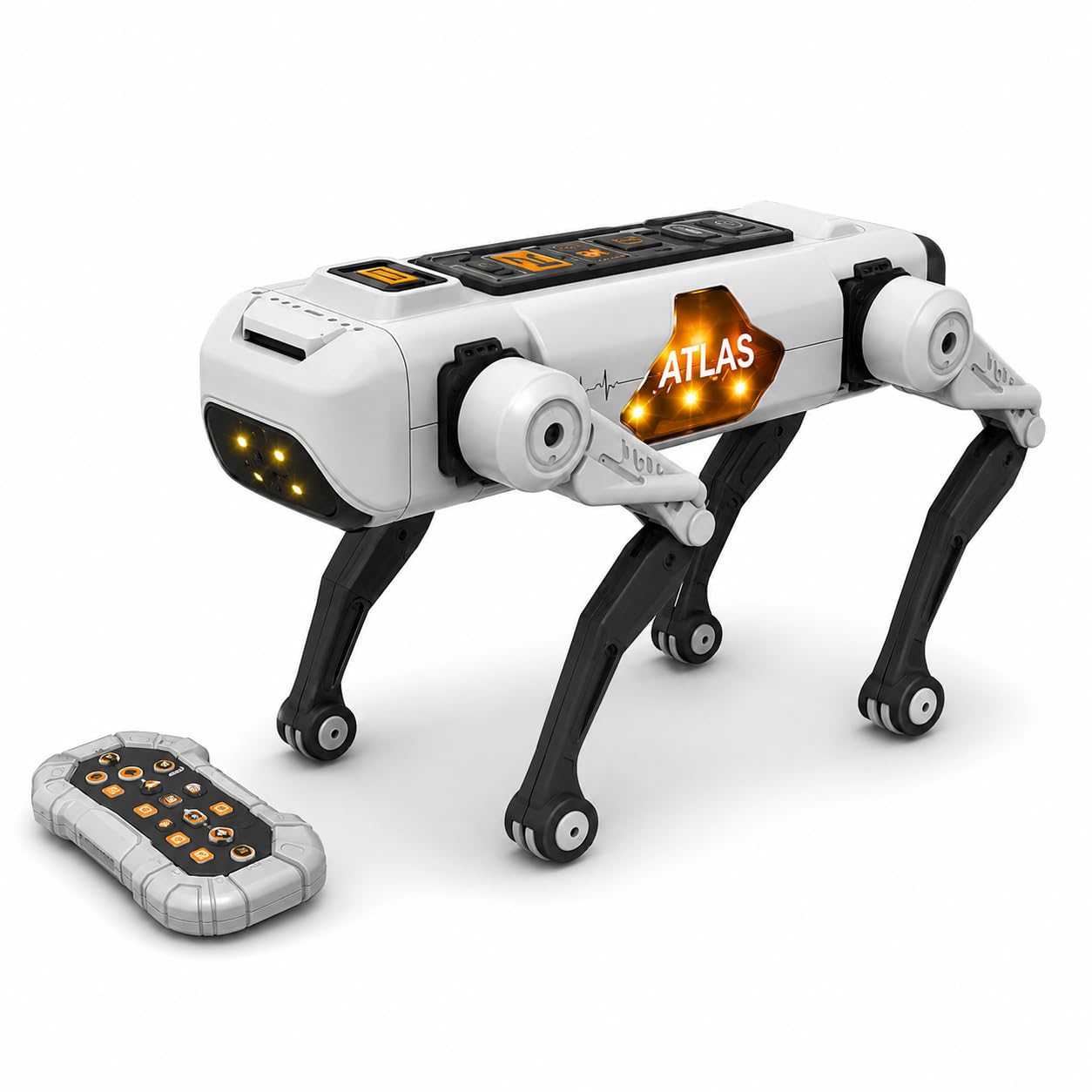 Smart Robot Dog Toy for Kids – Remote Control, Voice & Bluetooth full interaction and movements total fun buy online Beirut Lebanon A detailed product shot of the futuristic ATLAS AI robotic dog, standing out of its box with a glowing orange 'ATLAS' logo on its side panel. The robot features intricate multi-jointed bionic legs, a sleek white body with dark grey accents, and its sophisticated multi-button remote control with orange details is visible in the foreground.