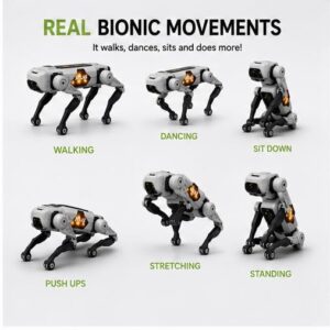 An informative product breakdown graphic for the Lebanese market, showcasing the unique 'Real Bionic Movements' of this advanced robotic dog toy. The grid details the labeled actions: Walking, Dancing, Sitting Down, Push-ups, Stretching, and Standing, demonstrating its full mobility and advanced features. Ideal for tech and toy shoppers in Lebanon looking for modern, interactive products. This includes relevant keywords and context.