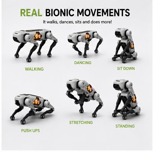 Smart Robot Dog Toy for Kids – Remote Control, Voice & Bluetooth full interaction and movements total fun buy online Beirut Lebanon An informative product breakdown graphic for the Lebanese market, showcasing the unique 'Real Bionic Movements' of this advanced robotic dog toy. The grid details the labeled actions: Walking, Dancing, Sitting Down, Push-ups, Stretching, and Standing, demonstrating its full mobility and advanced features. Ideal for tech and toy shoppers in Lebanon looking for modern, interactive products. This includes relevant keywords and context.