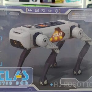 "ATLAS AI Robotic Dog toy in its packaging, available for online purchase in Lebanon via elza3im.The box details a smart, AI-powered companion for children ages 3 and up, featuring remote, voice, and Bluetooth controls."