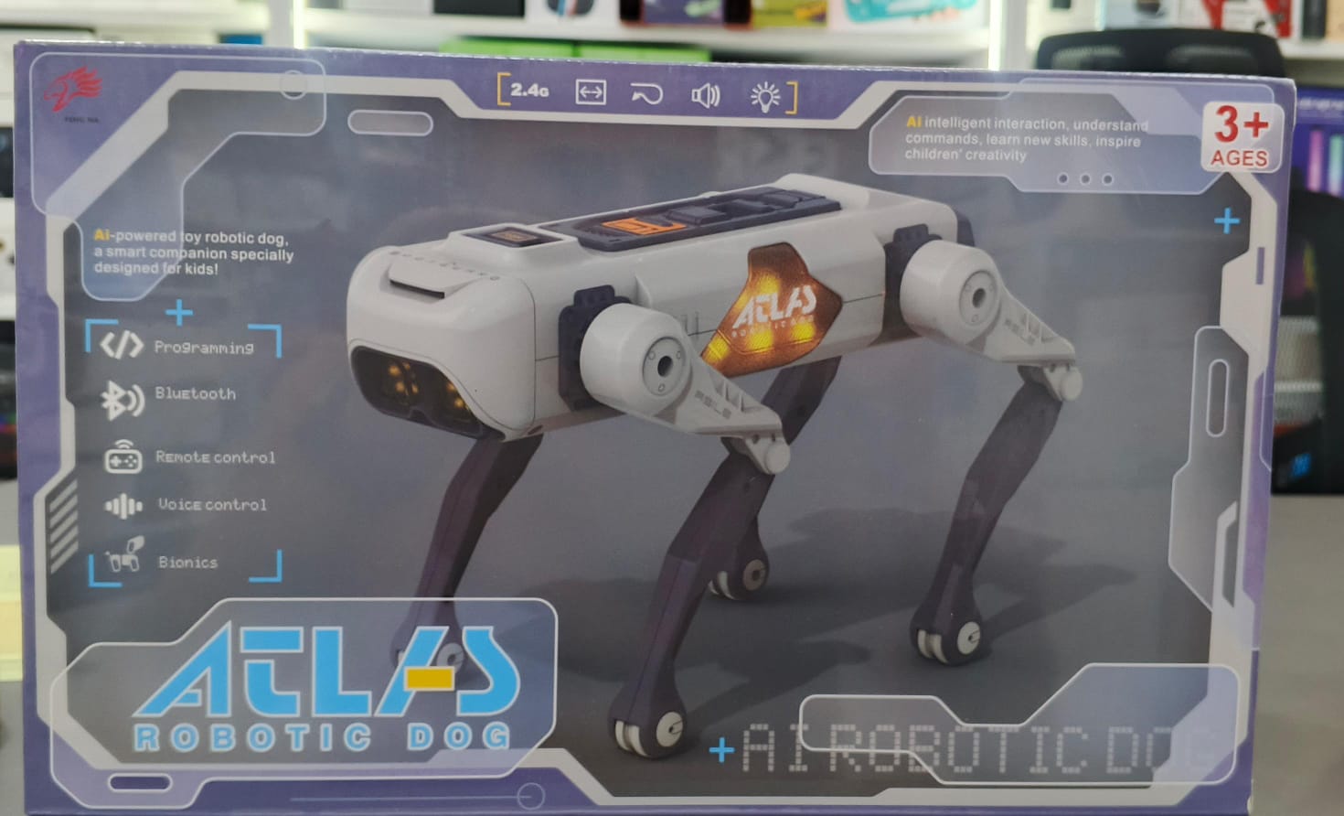 Smart Robot Dog Toy for Kids – Remote Control, Voice & Bluetooth full interaction and movements total fun buy online Beirut Lebanon "ATLAS AI Robotic Dog toy in its packaging, available for online purchase in Lebanon via elza3im.The box details a smart, AI-powered companion for children ages 3 and up, featuring remote, voice, and Bluetooth controls."