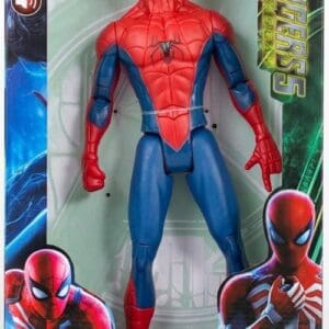 Red and blue Spider-Man action figure packaged inside a retail display box featuring light and sound effect icons, comic artwork, and "Spider-Man Brand New Day" text at the bottom.