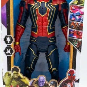 Large Spider-Man action figure with chest light and music in retail box packaging.