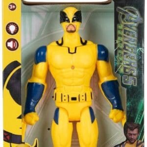 Marvel Wolverine superhero action figure toy in yellow and blue suit with light and sound features in retail box packaging.