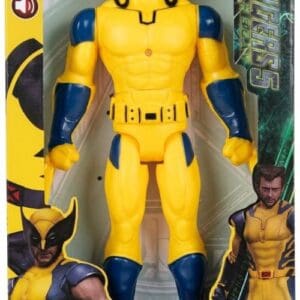 Marvel Wolverine superhero action figure toy in yellow and blue suit with light and sound features in retail box packaging.