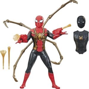 A product studio shot of the Hasbro Marvel Studios Spider-Man 3-in-1 action figure against a plain white background. The main figure stands wearing a red and black suit customized with a gold spider emblem chest armor plate, red arm gauntlets, and four long gold pincers/spider legs extending from its back. Beside the figure on the left are two translucent yellow web project-blaster attachments. To the right, a detachable black-and-gold suit chest piece armor overlay and matching masked black head piece are displayed separately.