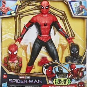 Front box view of the Hasbro Marvel Studios Spider-Man 3-in-1 Web Gear action figure. The central figure is dressed in the red and black suit with gold mechanical spider legs attached to its back. Surrounding the figure inside the yellow display box are removable accessories, including an Iron Spider chest piece/head mold on the left, a Black and Gold suit chest piece/head mold on the right, and web accessories. The bottom of the box displays the Marvel Studios Spider-Man logo along with a "3-in-1" gear label.